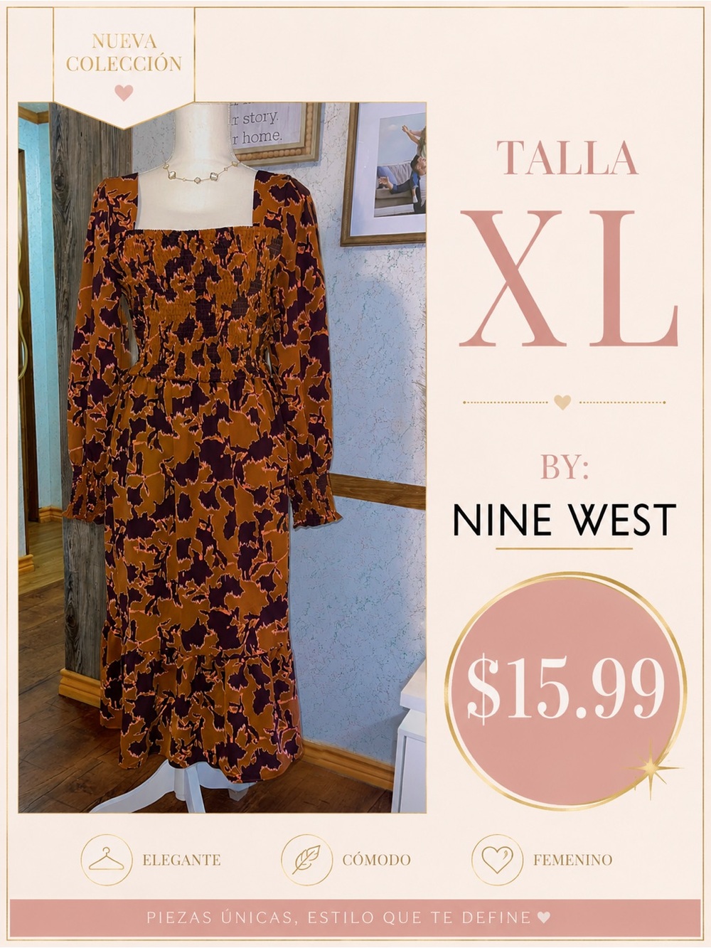 Nine West Brown & Black Floral Square-Neck Midi Dress